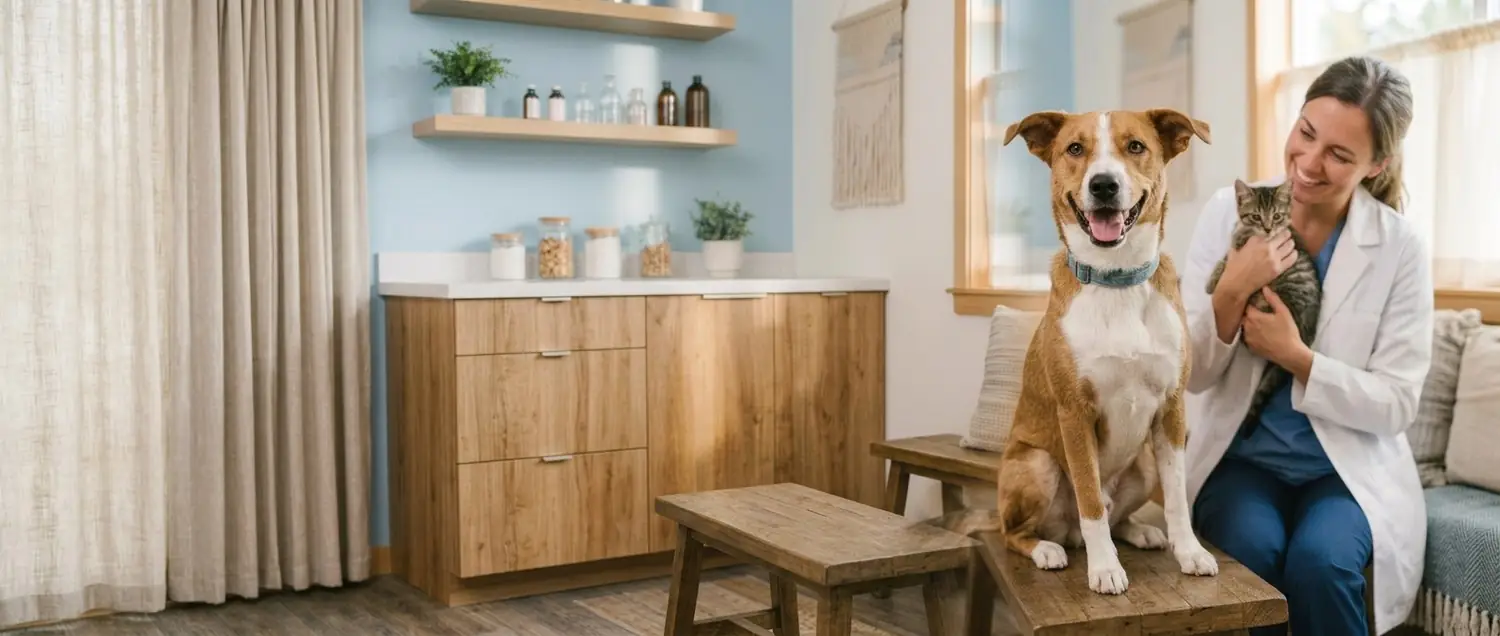 Perro y veterinaria con gato en sala de consulta de Clínica VECME