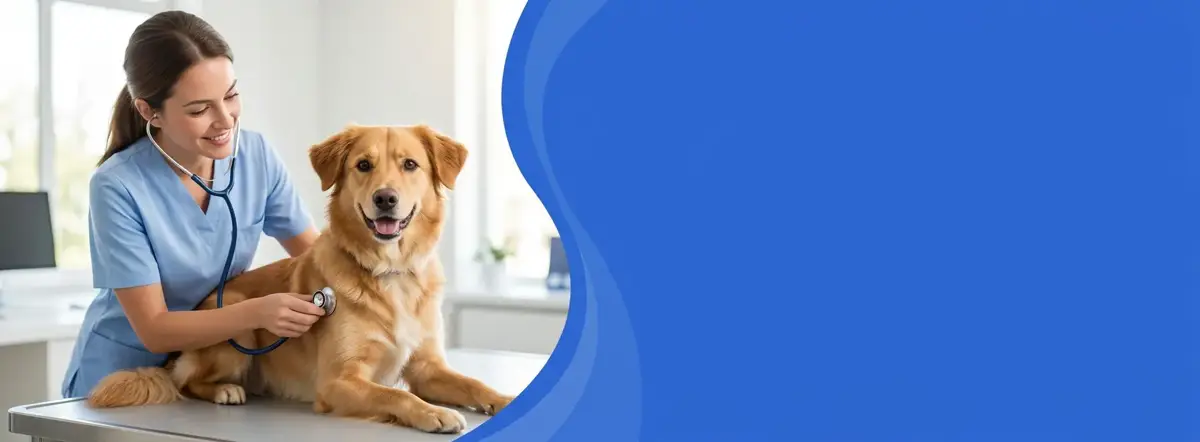 Veterinaria auscultando a un perro sobre la mesa de atención
