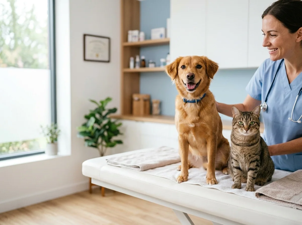 Veterinaria atendiendo a un perro y un gato en la sala de consulta de Clínica VECME