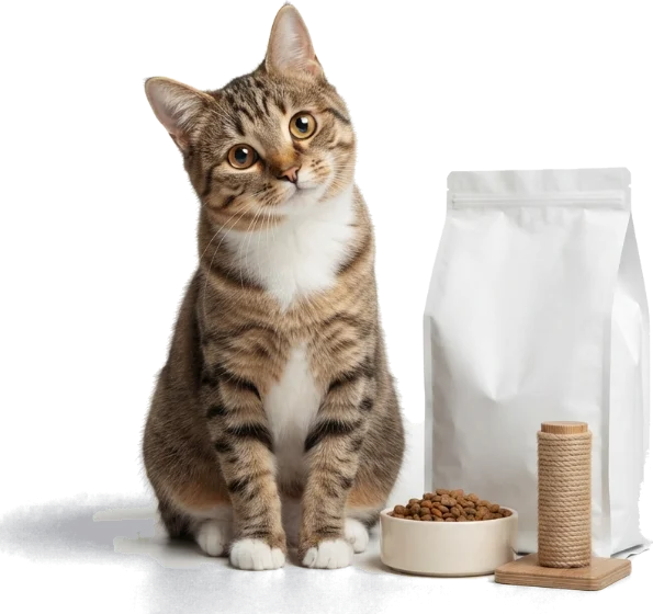 Gato atigrado junto a una bolsa de alimento, un plato y un rascador