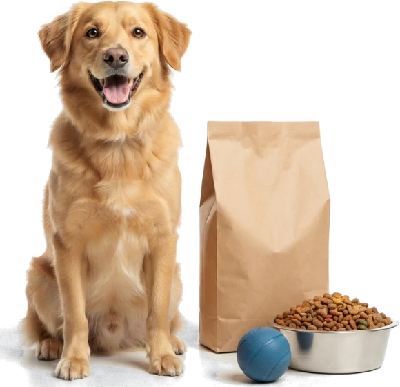 Perro feliz junto a una bolsa de alimento, un plato y una pelota